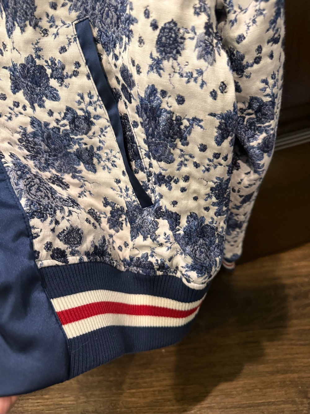 Maeve Floral Quilted Bomber Jacket in Navy & White - Picture 10 of 15